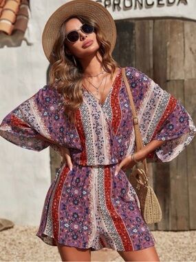 Boho Mixed Media Floral Print V-Neck Batwing Sleeve Slouchy Comfy Romper